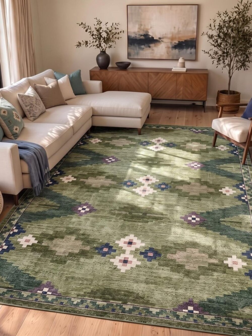 Mid Century Green Rug 5x7 Washable Large Living Room Area Rugs